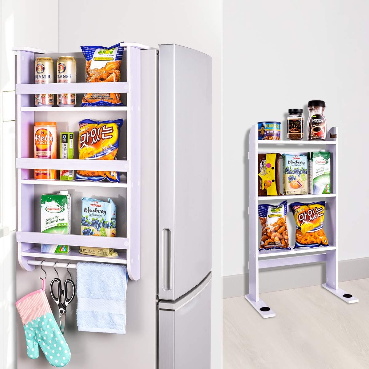 ElevenII Rack Fridge Wood Organizer, Refrigerator Side Storage Rack, Rustproof Spice Jars Rack Kitchen Storage Wrap Organizer Refrigerator Shelf Storage Adjustable Cabinet Door Mount