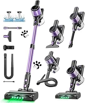Cordless Vacuum Cleaner, 10 in 1 Stick Vacuum with Powerful Suction, Hose, Green LED Light, Anti-Tangle Brush, Lightweight Rechargeable Vacuum Cleaner for Home, Hardwood Floors, Carpets