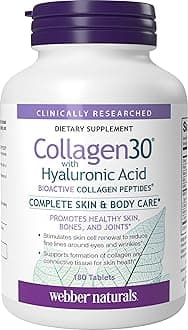 Collagen30 with Hyaluronic Acid, Bioactive Collagen Peptides, 180 Tablets, Helps Reduce Eye Wrinkles and Fine Facial Line, Non GMO