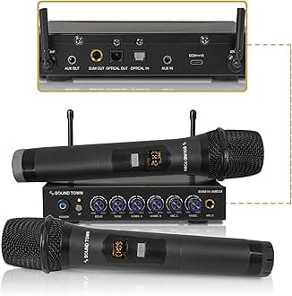 Sound Town 100 Channels Wireless Microphone Karaoke Mixer System with 2 Metal Handheld Microphones, Optical (Toslink), AUX, for Smart TV, Home Theater, Sound Bar (SWM16-2MEGA)