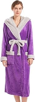 Women Hooded Plush Robe, Fleece Cozy Warm Bathrobe