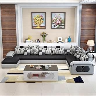 Ripple FURNITURE U Shape 9 Seater Modern Interchangeable Fabric Sofa Set with 4 Puffy (Left, Black & Grey)