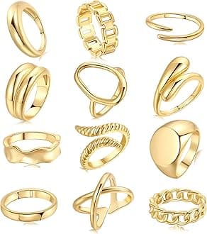 FAXHION 12PCS Gold Stackable Rings Set for Women, 18K Gold Plated Open Stacking Knuckle Ring, Adjustable Chunky Signet Band Statement Ring for Gift