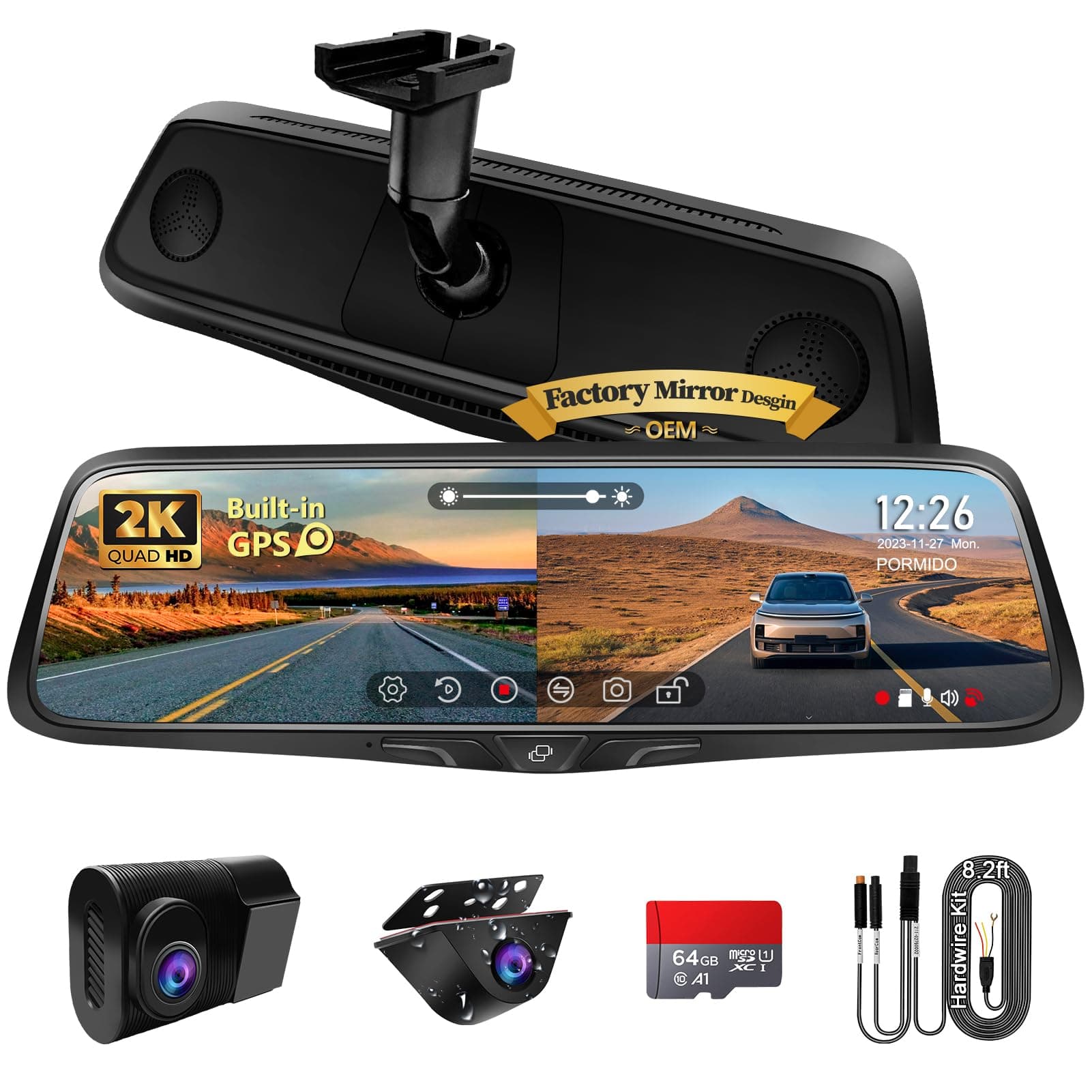PORMIDO OEM 2K Rear View Mirror Camera,10" Mirror Dash Cam with Detached Front Backup Camera, Smart Full Touchscreen Rearview WDR Dashcam with Built-in GPS,64GB Card,Parking Monitor,Night Vision