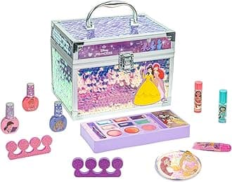 Disney Princess Train Case Beauty Set, Kids Makeup Kit for Girls, Real Washable Makeup Set, Play Makeup, Party Favor, Birthday, Ages 3 4 5 6 7 8 9 10 11 12 by Townley Girl