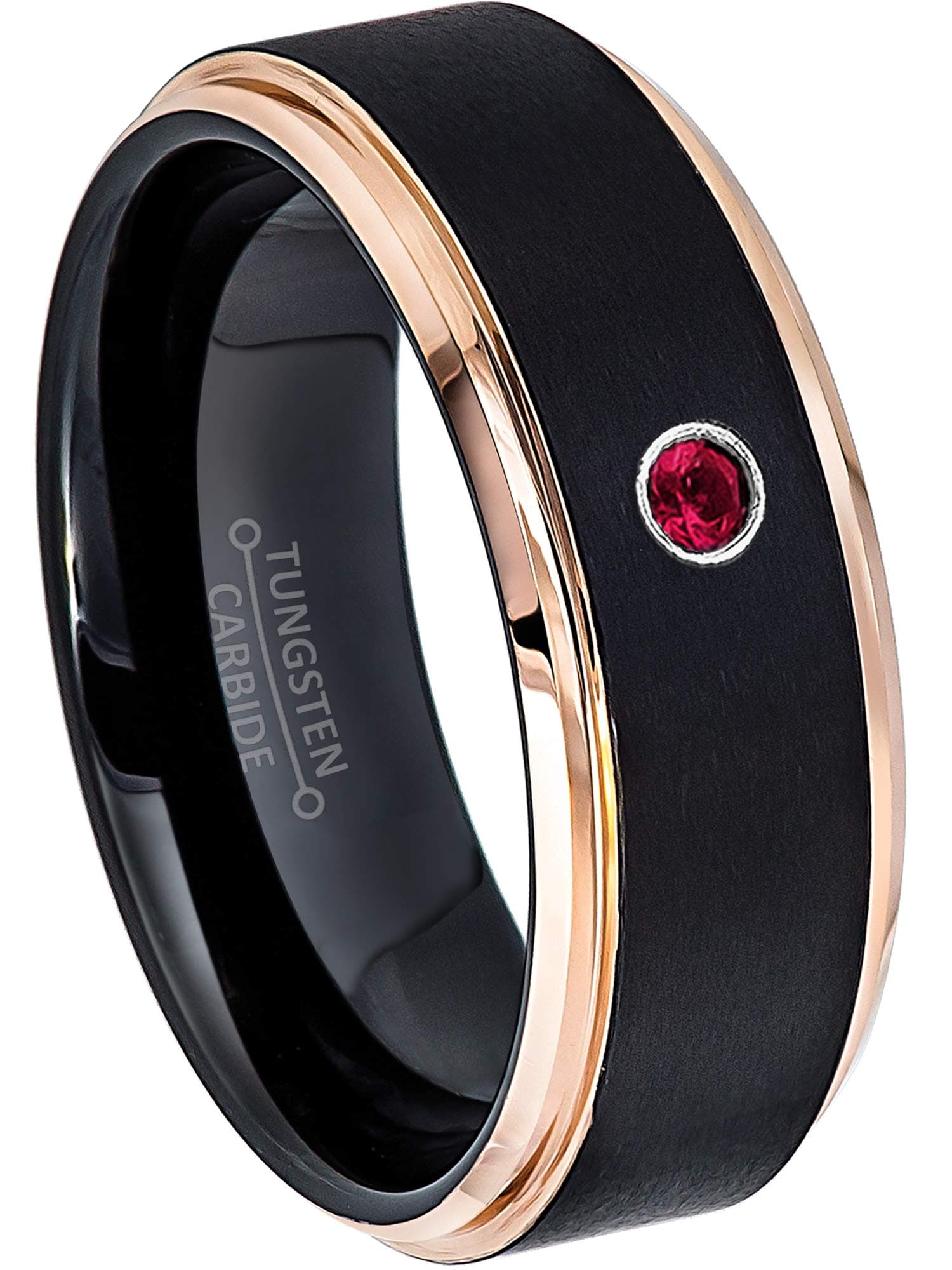 Jewelry Avalanche 0.07ct Ruby Tungsten Ring - July Birthstone Ring - 8MM Comfort Fit Matte 2-Tone Black & Rose Gold Stepped Edge Tungsten Carbide Wedding Band -9.5
