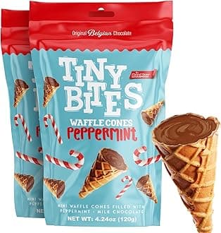 BEEMAX Tiny Bites Peppermint Mini Waffle Cones, Perfect Blend of Crispy Golden & Belgian Milk Chocolate Bliss, Bite-Size Snack for Dessert or Ice Cream Toppings, 4.24 oz Bag, 2-Pack