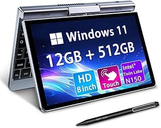 Mini Laptop 8" 2-in-1, Laptop Computer Win 11, Intel N150(up to 3.6GHz), 12GB RAM 512GB SSD, Touchscreen HD, Backlit Keyboard, Wi-Fi 6, USB-C, Lightweight Portable PC for Work/Kids/School