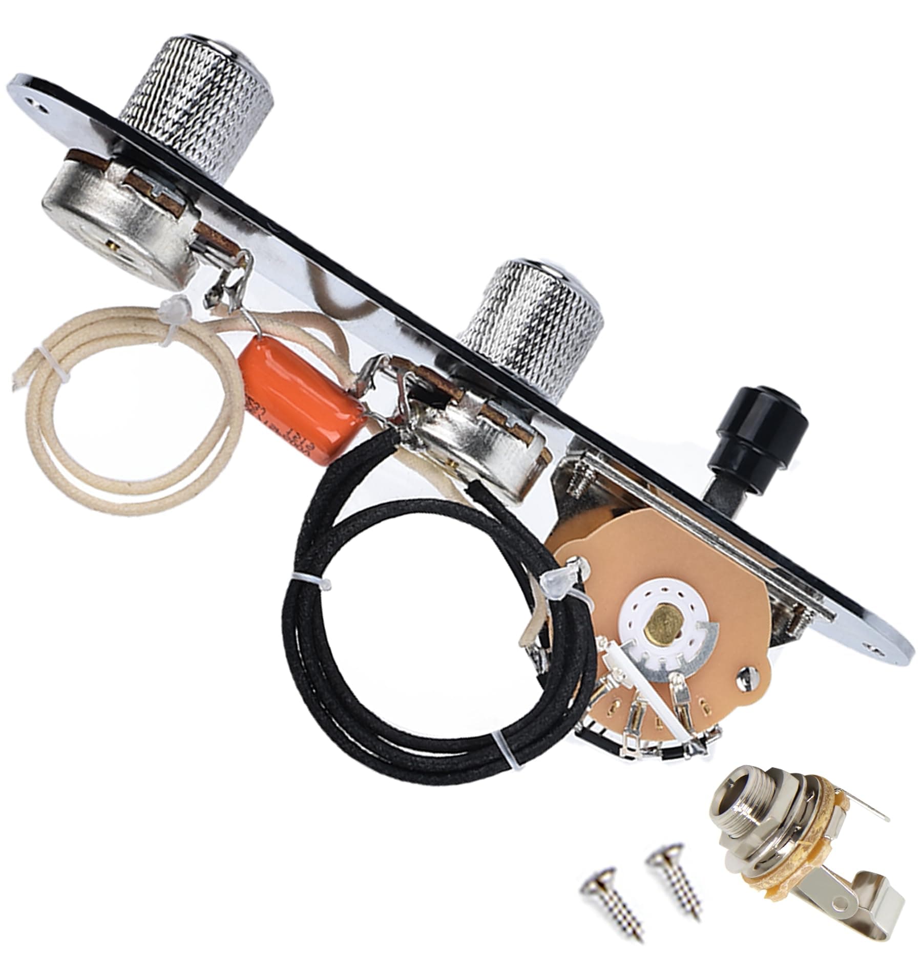 Fully Loaded Guitar Control Plate, Prewired 3-way Blade Switch Large Potentiometers Orange Capacitor, Knurled Volume Tone Controls Knobs Fit for Guitars with Single Coil Pickups, Chrome