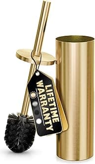 Gold Toilet Brush and Holder Set - Brushed Stainless Steel Gold Toilet Bowl Brush and Holder with Replacable Head, Removable Inner Bowl, and Splash Protection - Dense Bristles for Through Cleaning