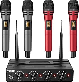 Wireless Microphones System with 4x10 Channels Cordless Handheld Microfono Inalambrico, UHF Mics with Stable Signal Transmission for Karaoke Singing Party Church Wedding PA Speaker 200ft Red