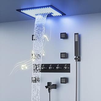 Matte Black Rain Shower System, Smart Thermostatic Shower System Complete Full Body Shower Jets System In Wall, 16 Inch Luxury LED Music Multi Function Shower System with Waterfall Handheld Shower