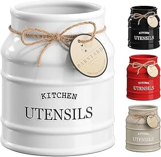 Ceramic Utensil Crock Holder for Kitchen Counter, Rustic Farmhouse Countertop Decor, French Country Organizer for Cooking Utensils, Spatulas and Mixing Spoons, White, 6ââ‚¬Â x 6.75"