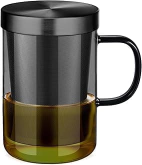 ecooe 16.9oz Glass Tea Cup with Infuser and Lid Clear Glass Tea Cup with Removable Stainless Steel Infuser & Lid, 500ml Teacup for Loose Leaf Tea, Tea Maker Gift for Birthday (Black Glass)