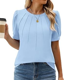 WEACZZY Summer Tops for Women 2024 Casual Classic Fit Pleated Crew Neck Puff Short Sleeve Tunic T-Shirts Clothes Light Blue L