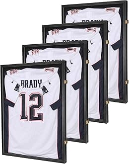 Jersey Wooden Frame Display Case -Shadow Box with 98% UV Protection Acrylic and Hanger for L or XL Baseball Basketball Football Hockey Sport Shirt and Uniform (Black, 4 Packs)