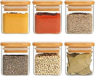- Airtight clear glass storage canister with wood lid food storage container jar with sealing bamboo lid for kitchen storage and multipurpose use (220ML SQUARE JAR, 6 PCS)