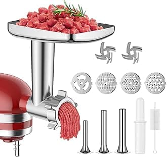 Meat Grinder Attachment for KitchenAid Stand Mixer, Metal Food Grinder for Kitchen Aid Includes 4 Grinding Plates, 3 Sausage Stuffer Tubes and 2 Cutting Blades