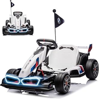 36V Electric Go Kart for Kids, Licensed BMW Battery Powered Drift Racing Go Kart, 7.5 MPH Drift Kart with Dual 300W Powerful Motor, Kids Race Pedal Go Karting Car w/Adjustable Speed, White