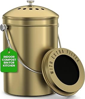 Utopia Kitchen Compost Bin for Kitchen Countertop - 1.3 Gallon Compost Bucket for Kitchen with Lid - Includes 1 Spare Charcoal Filter (Gold)