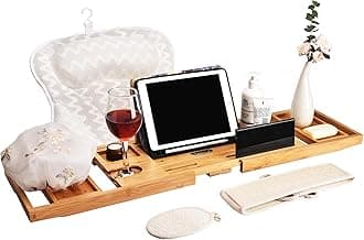 Expandable Folding Bathtub Tray and Tub Pillow, with Handmade Shower Cap and Bathing Luffa Noodle 2-Piece Set