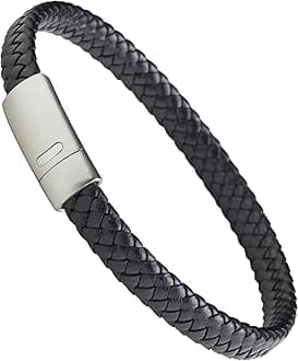 LUXAR Men’s Genuine Leather Bracelet | Interwoven Black Leather Bracelets with Brushed Stainless Steel Clasp | Minimalist, Designer Jewelry for Men (Silver, Large)