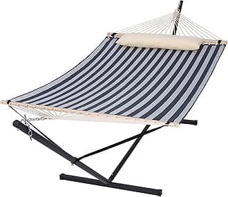 SUNCREAT Double Hammock with Stand Included, Outdoor Portable Hammock with Stand, Blue