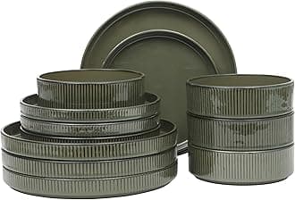 12 Piece (Service for 4) Townscape Plates and Bowls Reactive Glaze Embossed Round Dishes Terracotta Ceramic Dinnerware Set - Dark Green