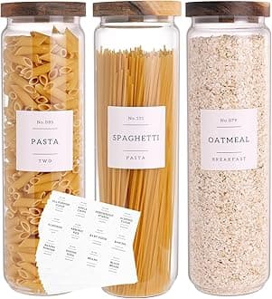 CZZGSM Glass Storage Jars with Airtight Acacia Wood Lid, 1.4L Thick Glass, Kitchen Storage Jars with 132 Pantry Labels, Tall Food Storage Jars with Wooden Lid for Pasta, Spaghetti
