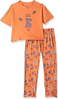 T2F Girls Cotton Printed Oversized Fit Crop Top and Pant Pajama Set