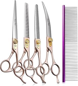 7'' Professional Dog Grooming Scissors Set Rose Gold 440C Stainless Steel Straight Thinning Curved Chunker Shears 4pcs Set for Pet Grooming Services Dogs and Cats