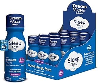 Dream Water Sleep Shots (12 Count) Sleep Aids for Adults - 5mg Melatonin, GABA, 5-HTP - Natural Snoozeberry Flavor (Blue Raspberry) - Liquid Melatonin Supplement - Zero Sugar & Gluten Free - 2.5 oz