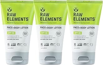 Raw Elements Face and Body All-Natural Mineral Sunscreen - Non-Nano Zinc Oxide, 95% Organic, Water Resistant, Reef Safe, Cruelty Free, SPF 30+, All Ages, Moisturizing, Bio-Resin Tube, Travel Size 1oz (3-Pack)