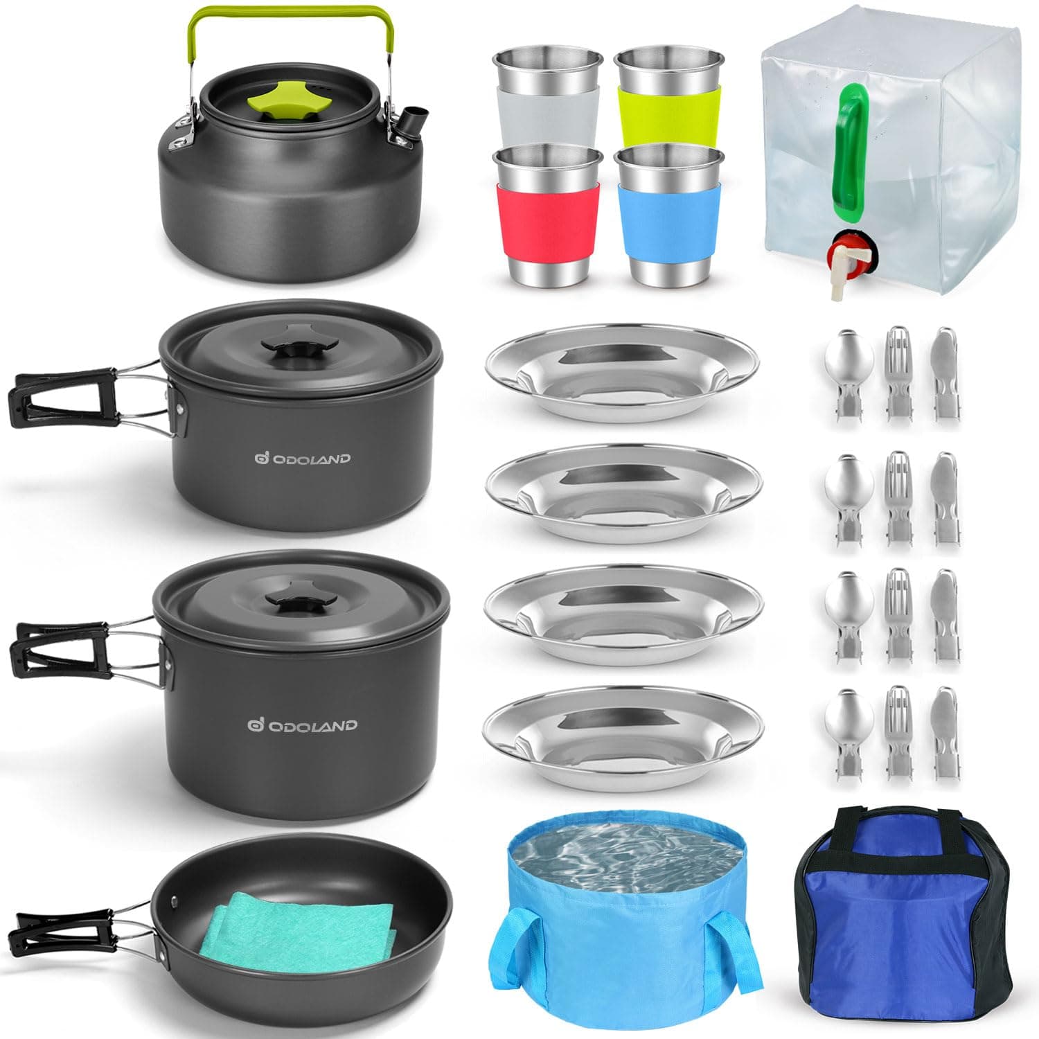 29pcs Camping Cookware Mess Kit, Non-Stick Lightweight Pots Pan Kettle, Collapsible Water Container and Bucket, Stainless Steel Cups Plates Forks Knives Spoons for Outdoor Backpacking Picnic