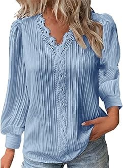 GenericLong Sleeve Shirts for Women 2024 V Neck Lace Tops Business Casual Dressy Blouses Work Oversized Shirts Fall Clothes