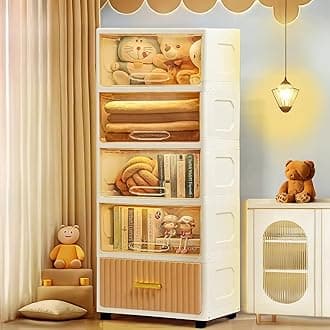 ABOUT SPACE Polypropylene Cabinet for Storage,5 Tier DIY Cupboard with Hidden Door,Drawer & Roller Wheels|Kids Wardrobe for Clothes Racks for Home,Office,Bedroom-L 49 x B 29.7 x H 138.5 cm,White