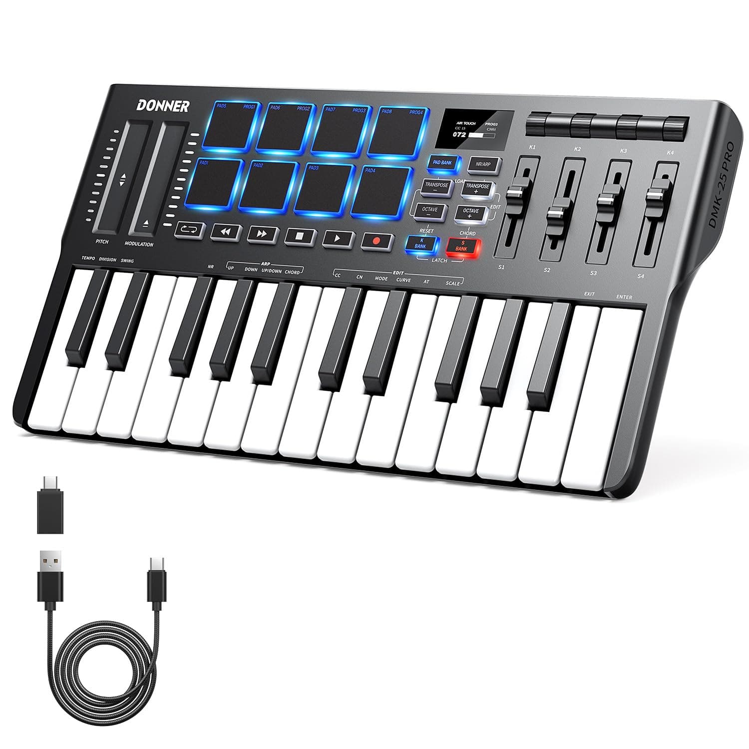 DMK25 Pro MIDI Keyboard Controller, 25 Mini Key Portable USB-C MIDI Keyboard with 8 Drum Pads, OLED Display, Personalized Touch Bar, Music Production Software and 40 Free Courses White