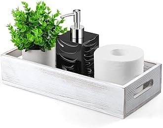 ALELION Rusitc White Bathroom Basket - Wooden Toilet Tank Paper Basket with Handle for Organizing - Back of Toilet Storage Organizer for Bathroom Tank Topper - Modern Farmhouse Bathroom Decor Box