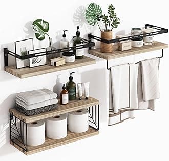 Fixwal Bathroom Shelves Over Toilet, Floating Shelves Wall Mounted with Metal Frame and Towel Bar for Bathroom, Kitchen, Bedroom, Living Room (3 Plus 1 Rustic Brown)