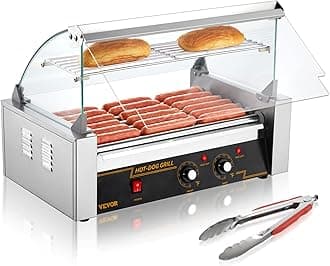 VEVOR Hot Dog Roller 7 Rollers 18 Hot Dogs Capacity 1050W Stainless Sausage Grill Cooker Machine with Dual Temp Control Glass Hood Acrylic Cover Bun Warmer Shelf Removable Oil Drip Tray, ETL Certified
