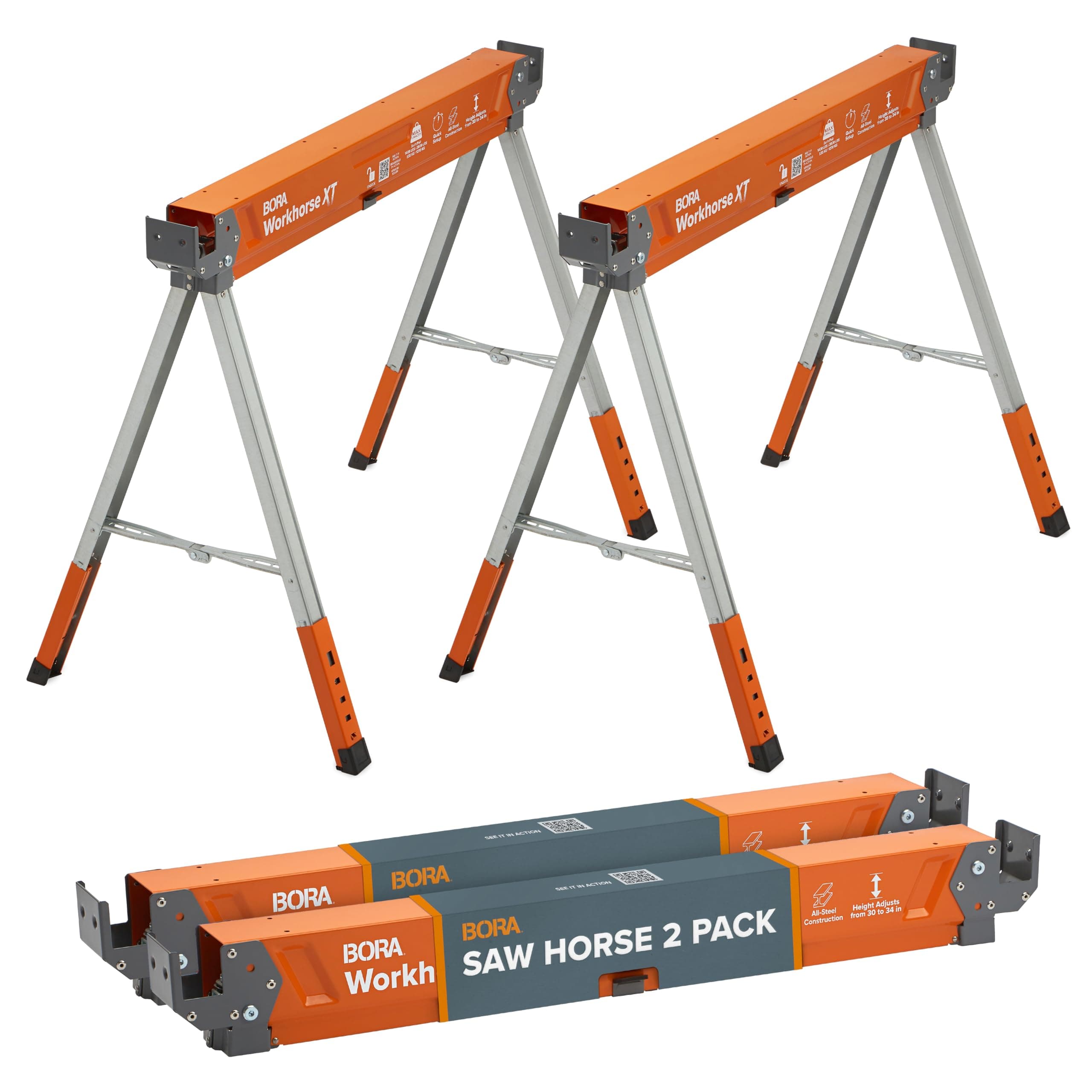 Workhorse XT Adjustable Saw Horses 2 Pack Folding Heavy Duty Sawhorse with Adjustable Height Legs, 2700 lbs Capacity - Portable Workbench & Work Station with Built-in Bottle Opener PM-3360T