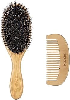 BOMEIYI 100% Boar Bristle Hair Brush Set,Soft Natural Bristles for Thin and Fine Hair,Designed for Thin and Normal Hair,Makes Hair Shiny and Improves Hair Texture Straightening Styling, Wooden Comb and Travel Bag Included.