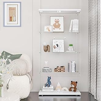 FANYUSHOW Glass Display Cabinet with Double Door and Lock, Quick-Install Style 4-Shelf Curio Cabinet 5mm Tempered Glass Floor Standing Bookshelf for Living Room, Bedroom, 65" H x 32''L x 14''W (White)