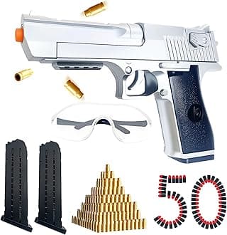 Foam Blaster Pistol Toy Gun with Shell Ejecting – Safe for Kids Ages 6+ – Includes 50 Soft Bullets & Goggles – 32ft Shooting Range – Fun Indoor Outdoor Party Game – Great for Foam Dart Battles