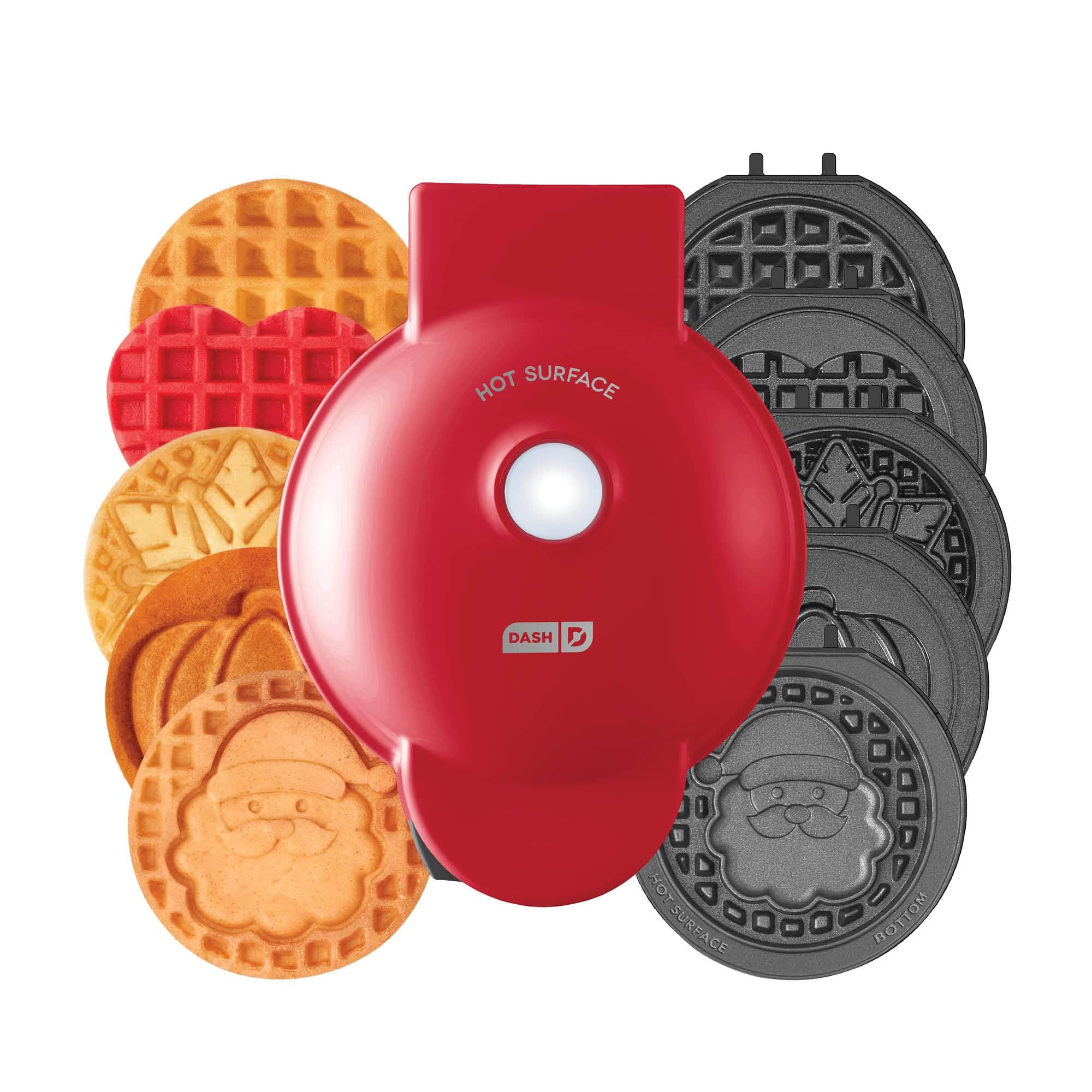 Holiday MultiMaker Mini System - Includes Seasonal Snowflake, Pumpkin, Heart, Santa, and Classic Waffle Plates - Red, Six 4-Inch Removable Plates