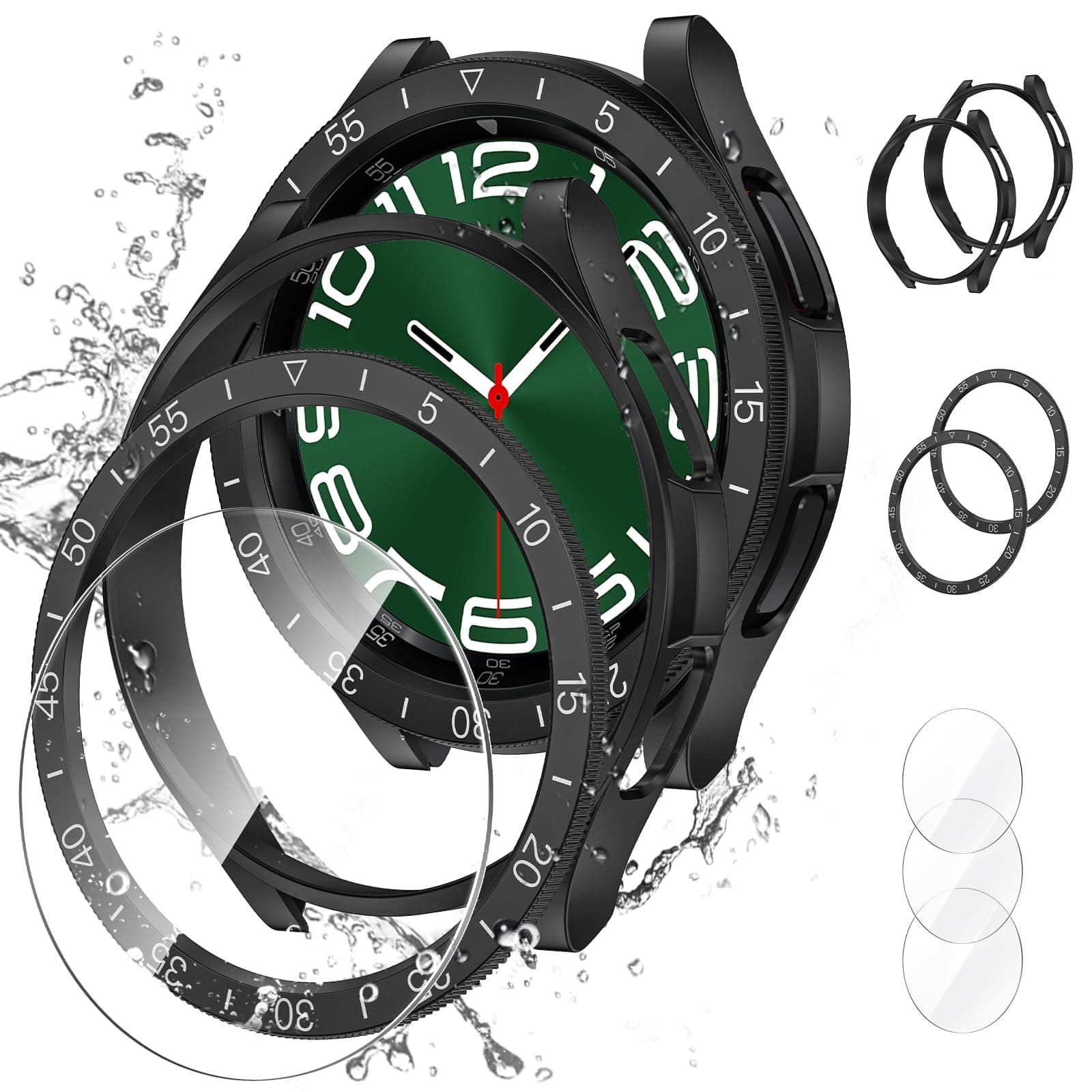 Goton [2+2+3 Pack] 3 in 1 for Samsung Galaxy Watch 6 Classic 47mm Screen Protector and Case,3 Pack HD Anti-Fog Tempered Glass Screen Protector + 2 Pack Hard PC Bumper Case + 2 Pack Bezel Ring Cover