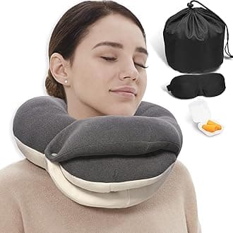 Travel Neck Pillows for Airplanes, 360° Head Support Sleep for Long Flight, Skin-Friendly & Breathable, Kit with 3D Contoured Eye Mask, Earplugs and Storage Bag (Adult, Grey, 90+ lbs)
