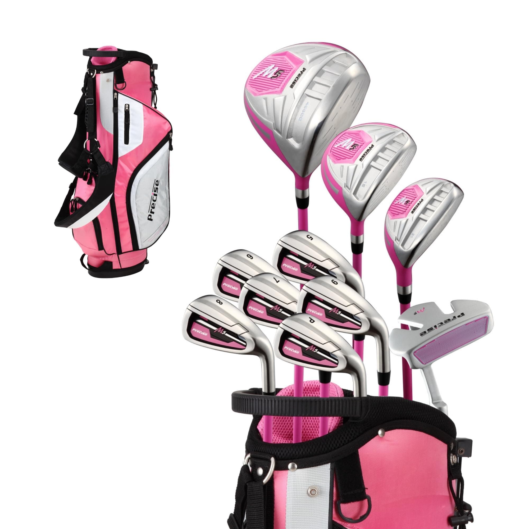 M5 Womens Golf Clubs Full Set, Titanium Driver, S.S. Fairway, S.S. Hybrid, S.S. 5-PW Irons, Putter, Stand Bag, 3 H/C's, Golf Clubs Women Right Handed, Pink