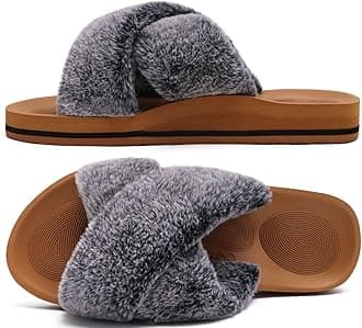 COFACE Womens Fuzzy Slides Fluff Faux Fur Cross Slippers Open Toe Yoga Mat House Slippers Sandals With Arch Support For Indoor/Outdoor
