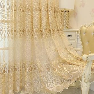 Amidoudou 1 Pair European Jacquard Sheer Curtains Embroidered Tulle Curtains Living Room Bedroom Luxury Translucent Curtains (Gold,51x96 Inch)